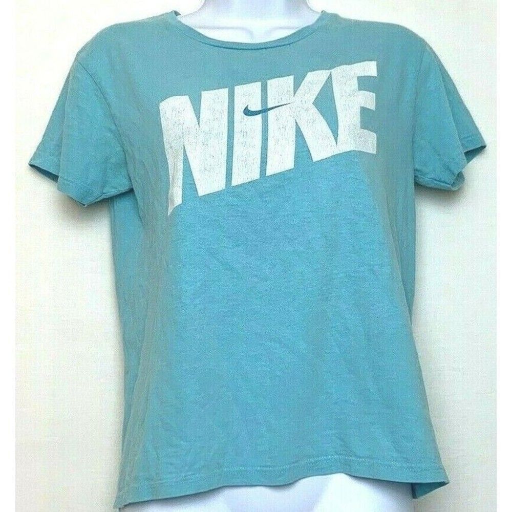 Nike‎ Womens Crewneck Spellout Sky Blue Short Sleeve Size Small Gray Tag Swoosh